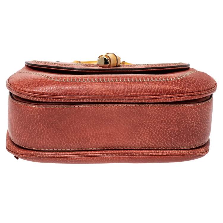 Pre Owned Gucci Dark Orange Grain Leather Tassel New Bamboo Top Handle Bag
