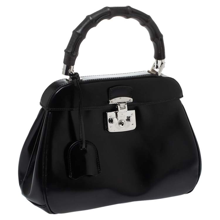 Pre Owned Gucci Black Patent Leather Lady Lock Bamboo Top Handle Bag