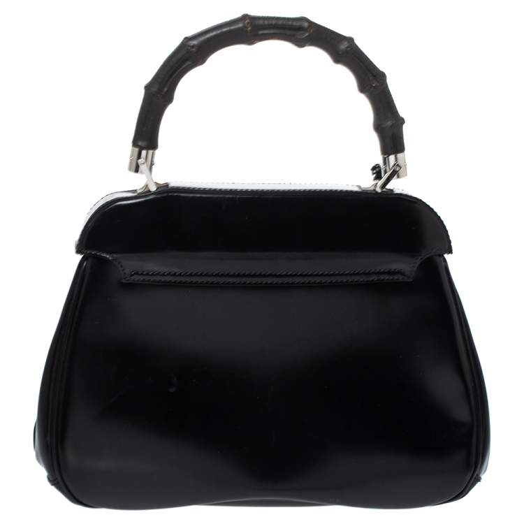 Pre Owned Gucci Black Patent Leather Lady Lock Bamboo Top Handle Bag