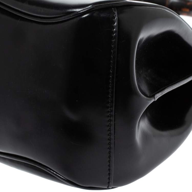 Pre Owned Gucci Black Patent Leather Lady Lock Bamboo Top Handle Bag