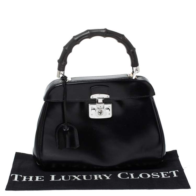 Pre Owned Gucci Black Patent Leather Lady Lock Bamboo Top Handle Bag