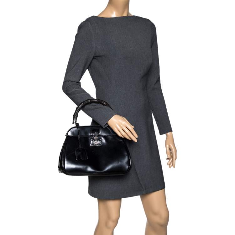 Pre Owned Gucci Black Patent Leather Lady Lock Bamboo Top Handle Bag