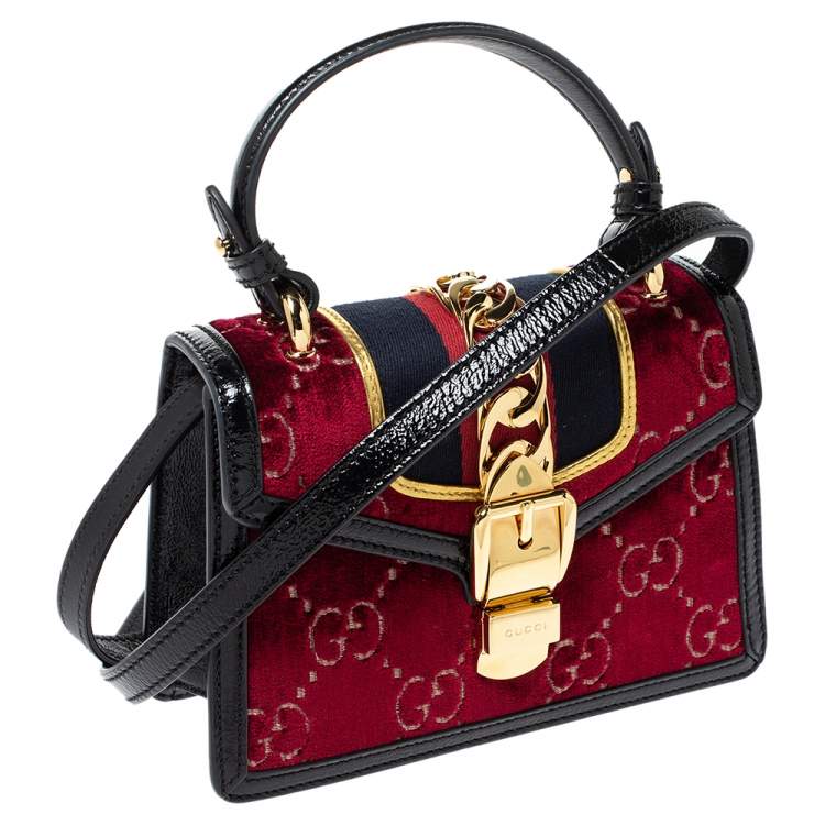 Pre Owned Gucci Multicolor Velvet and Patent Leather Mini Web Chain Sylvie Top Handle bag