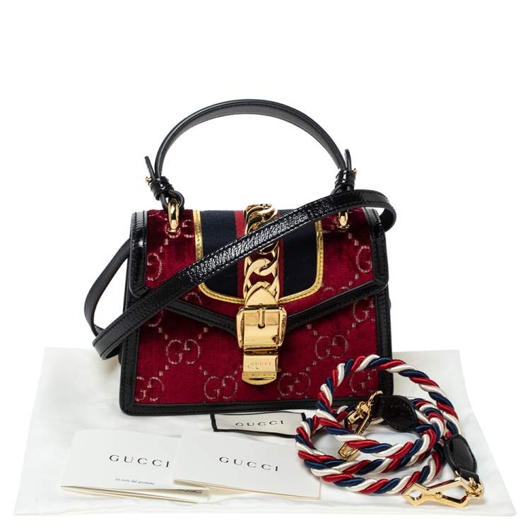 Pre Owned Gucci Multicolor Velvet and Patent Leather Mini Web Chain Sylvie Top Handle bag