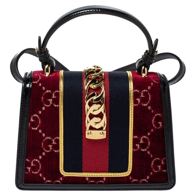 Pre Owned Gucci Multicolor Velvet and Patent Leather Mini Web Chain Sylvie Top Handle bag