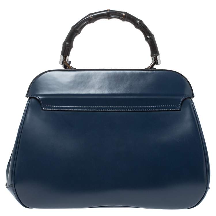 Pre Owned Gucci Blue Patent Leather Lady Lock Bamboo Large Top Handle Bag