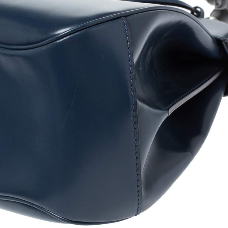 Pre Owned Gucci Blue Patent Leather Lady Lock Bamboo Large Top Handle Bag