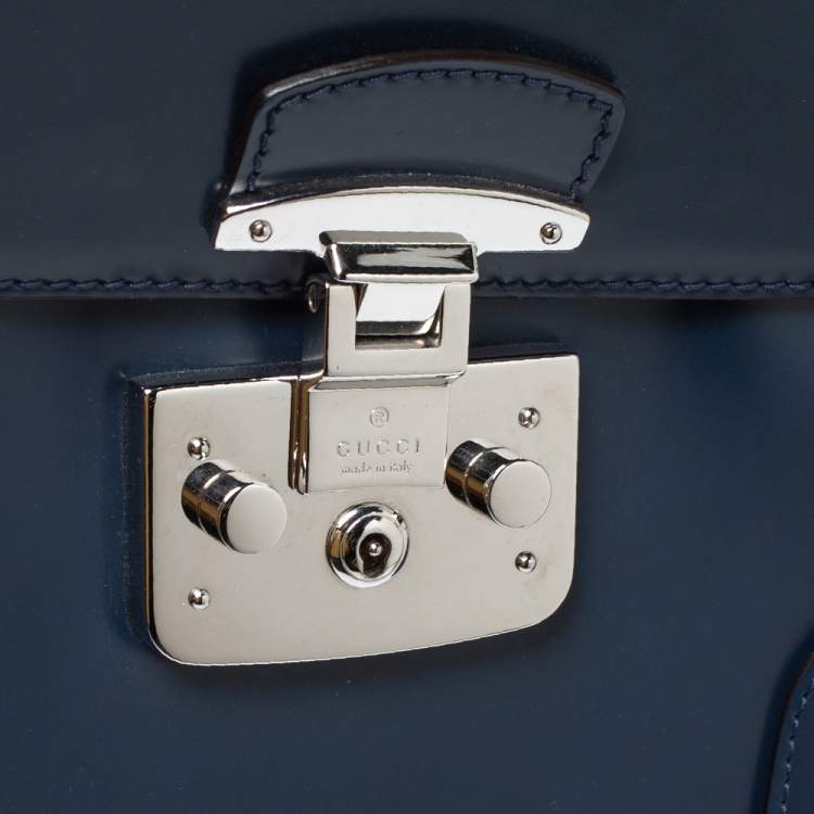 Pre Owned Gucci Blue Patent Leather Lady Lock Bamboo Large Top Handle Bag