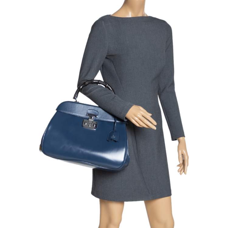 Pre Owned Gucci Blue Patent Leather Lady Lock Bamboo Large Top Handle Bag