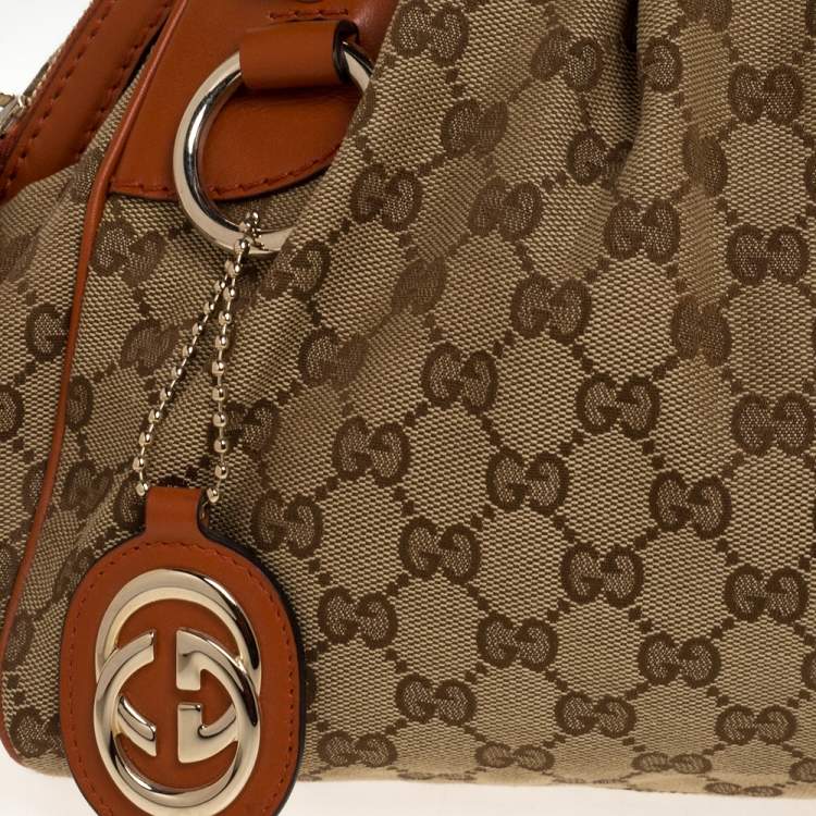 Pre Owned Gucci Orange/Beige GG Canvas and Leather Medium Sukey Boston Bag