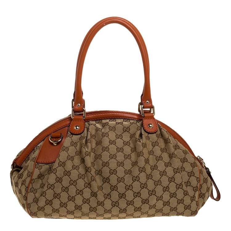 Pre Owned Gucci Orange/Beige GG Canvas and Leather Medium Sukey Boston Bag