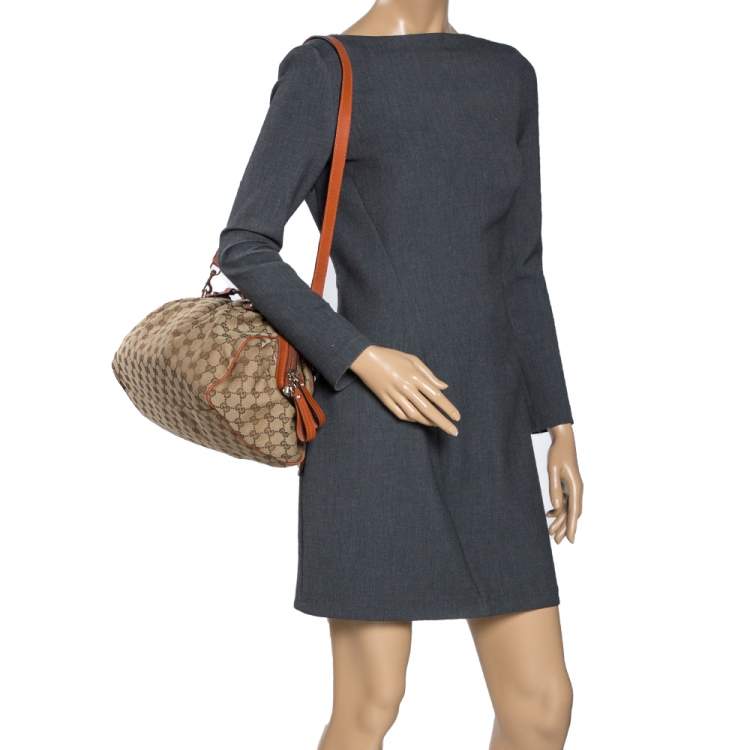 Pre Owned Gucci Orange/Beige GG Canvas and Leather Medium Sukey Boston Bag