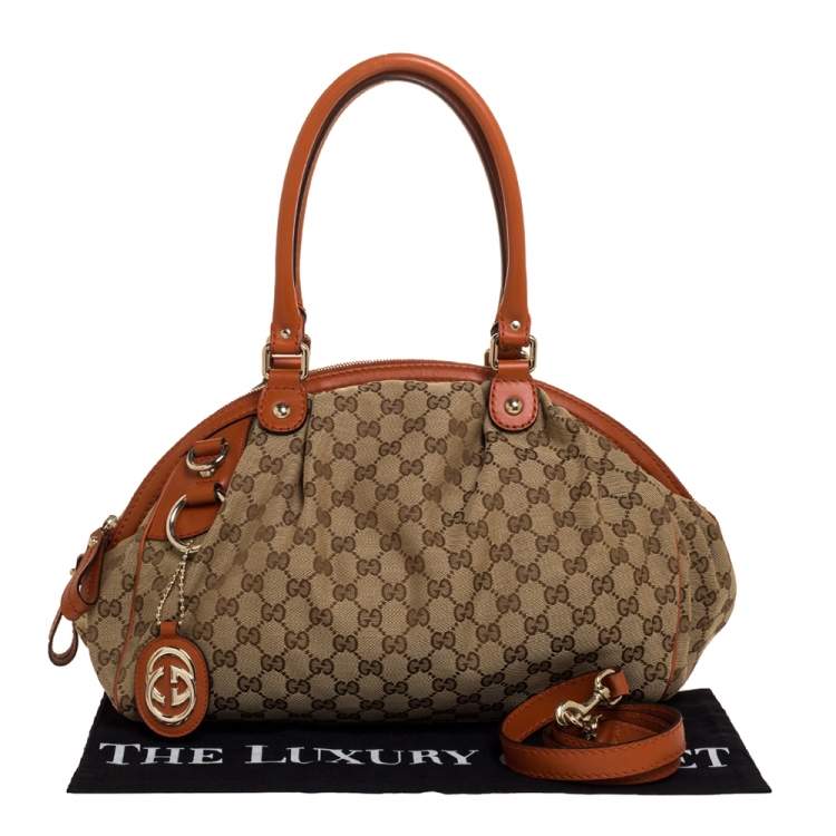 Pre Owned Gucci Orange/Beige GG Canvas and Leather Medium Sukey Boston Bag