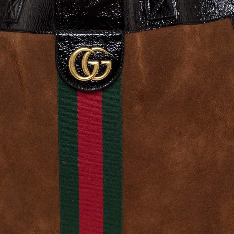 Pre Owned Gucci Brown/Black Suede and Leather Large Ophidia Tote