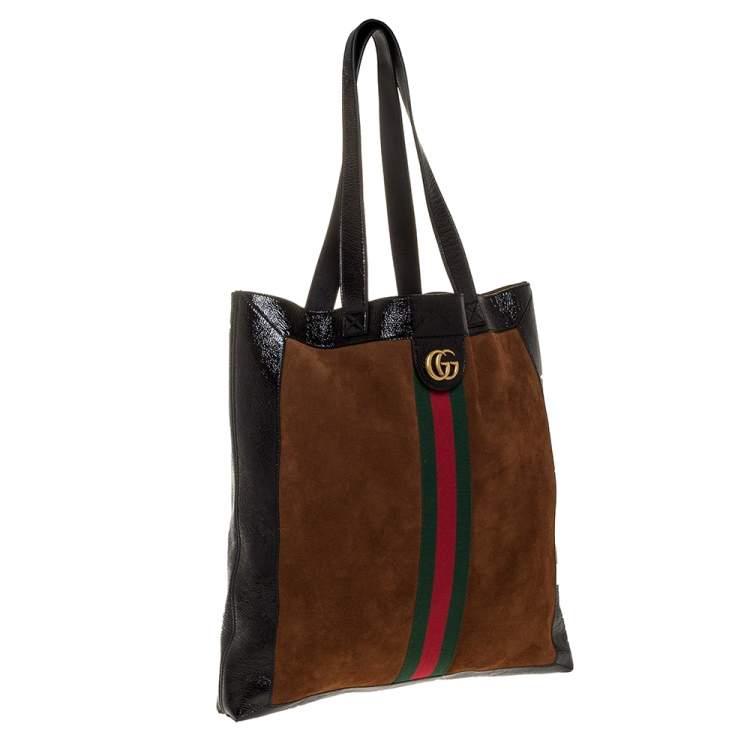 Pre Owned Gucci Brown/Black Suede and Leather Large Ophidia Tote