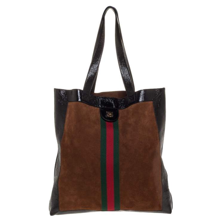 Pre Owned Gucci Brown/Black Suede and Leather Large Ophidia Tote