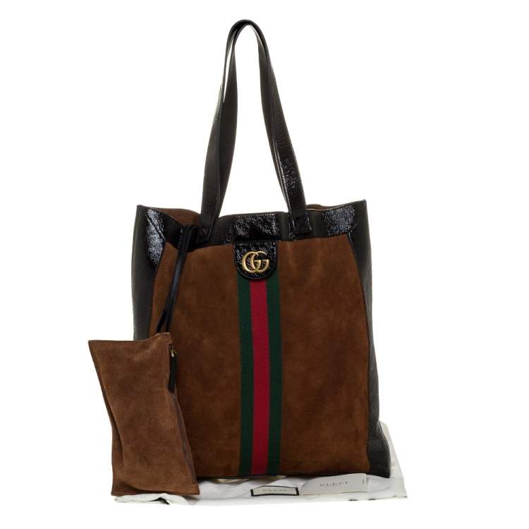 Pre Owned Gucci Brown/Black Suede and Leather Large Ophidia Tote