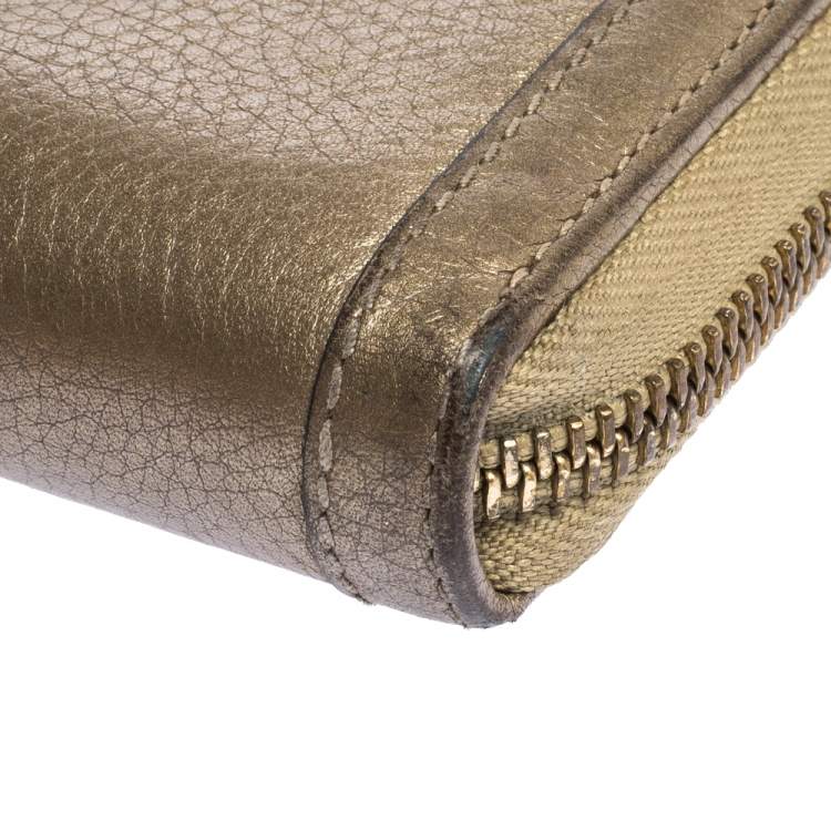 Pre Owned Gucci Gold Leather Bamboo Tassel Bow Zip Around Wallet