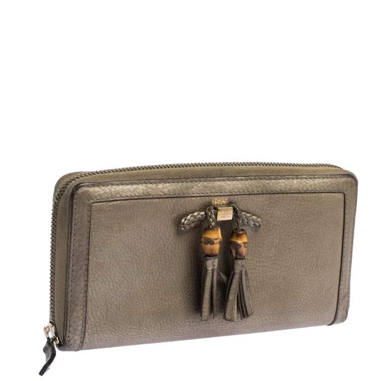 Pre Owned Gucci Gold Leather Bamboo Tassel Bow Zip Around Wallet