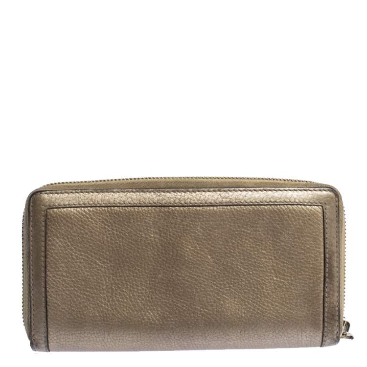 Pre Owned Gucci Gold Leather Bamboo Tassel Bow Zip Around Wallet