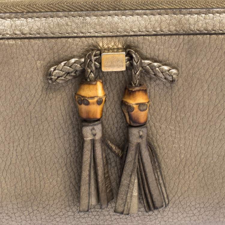Pre Owned Gucci Gold Leather Bamboo Tassel Bow Zip Around Wallet