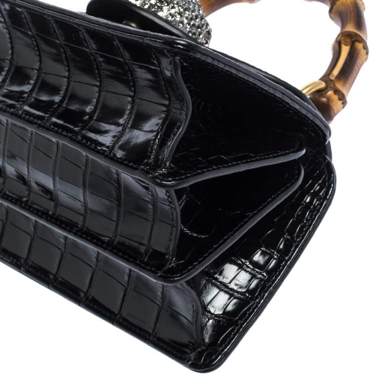Pre Owned Gucci Black Shine Alligator Mini Thiara Bamboo Top Handle Bag