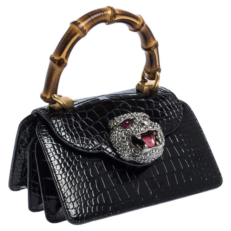 Pre Owned Gucci Black Shine Alligator Mini Thiara Bamboo Top Handle Bag