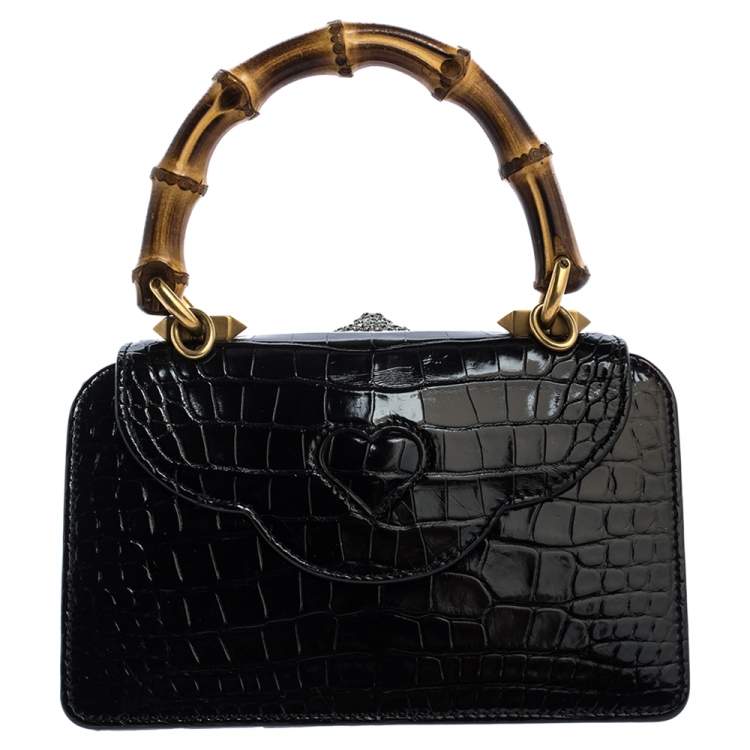 Pre Owned Gucci Black Shine Alligator Mini Thiara Bamboo Top Handle Bag