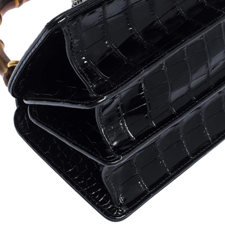 Pre Owned Gucci Black Shine Alligator Mini Thiara Bamboo Top Handle Bag