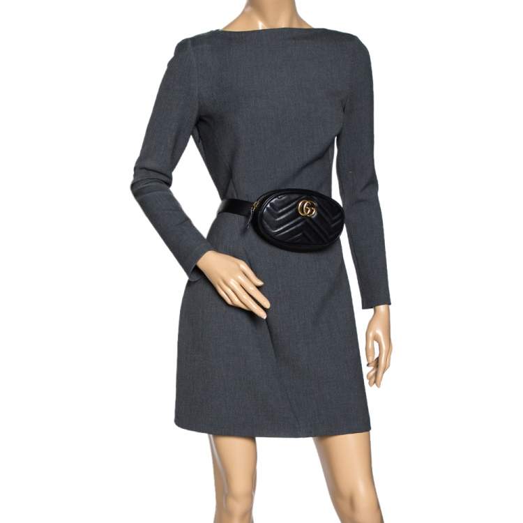 Pre Owned Gucci Black Matelasse Leather GG Marmont Belt Bag