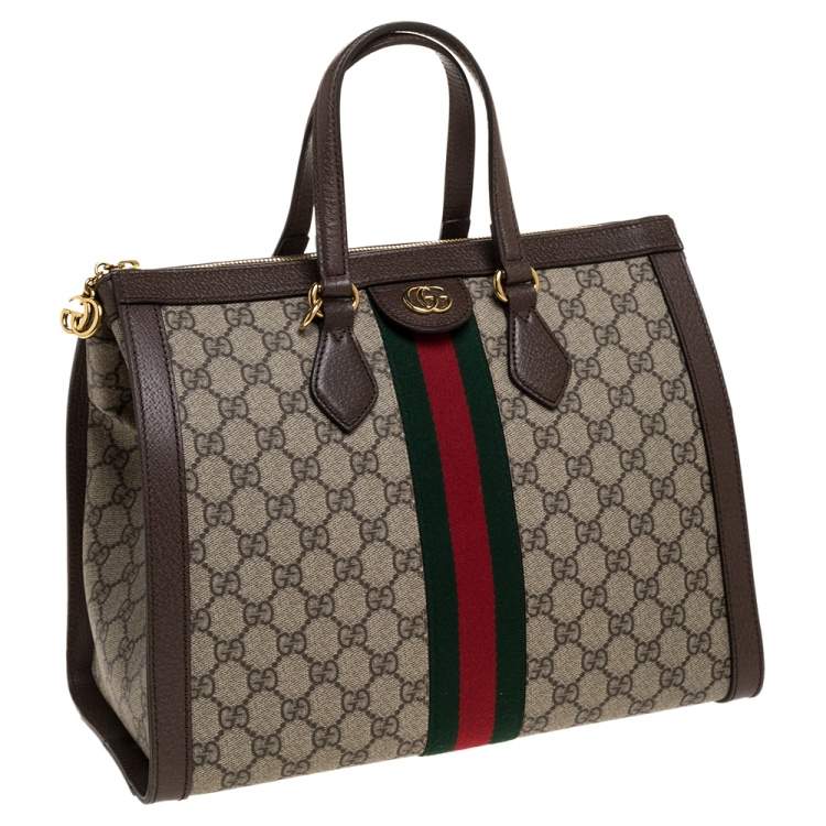 Pre Owned Gucci Brown/Beige GG Supreme Canvas and Leather Medium Ophidia Tote