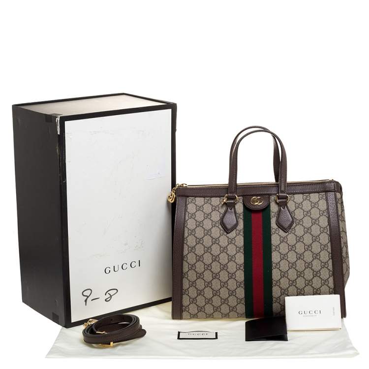 Pre Owned Gucci Brown/Beige GG Supreme Canvas and Leather Medium Ophidia Tote