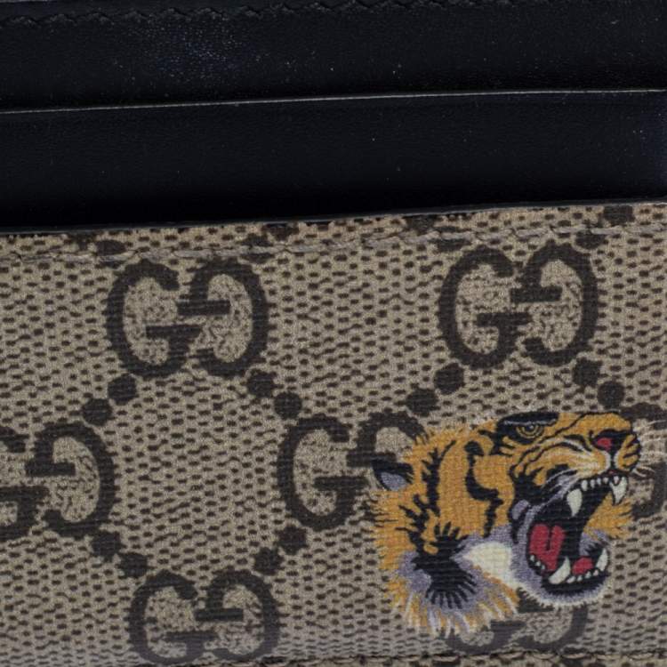 Pre Owned Gucci Beige/Black GG Supreme Canvas Tiger Card Holder