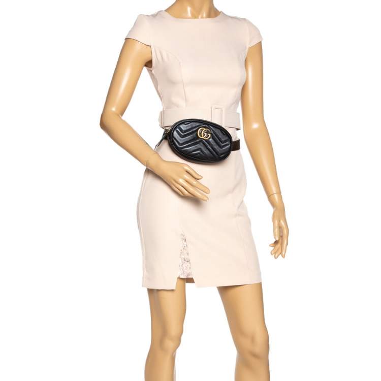 Pre Owned Gucci Black Matelasse Leather GG Marmont Belt Bag