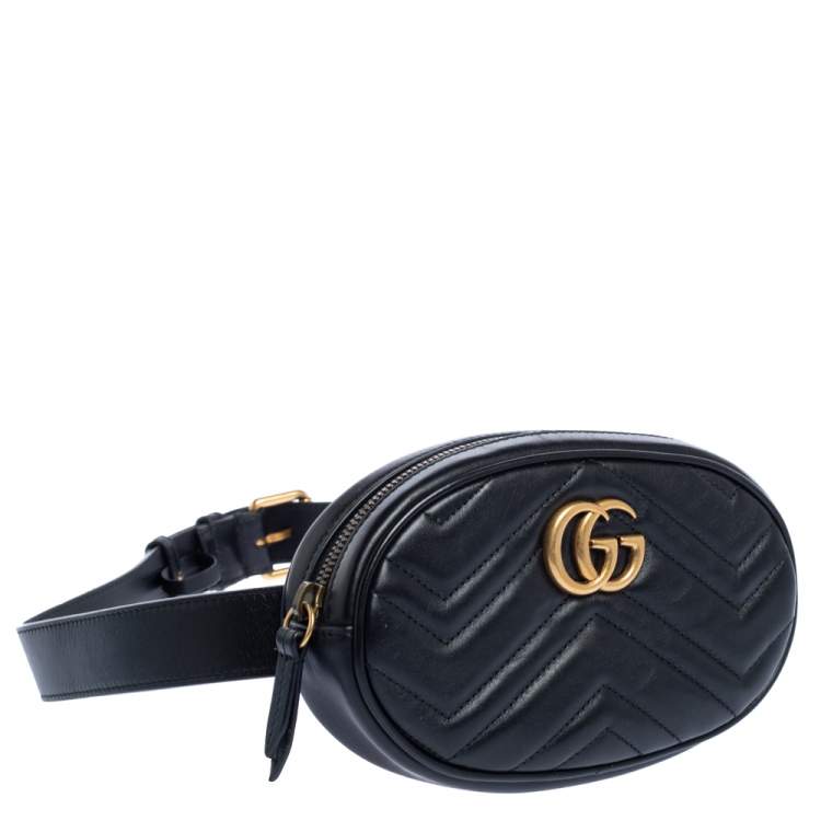 Pre Owned Gucci Black Matelasse Leather GG Marmont Belt Bag