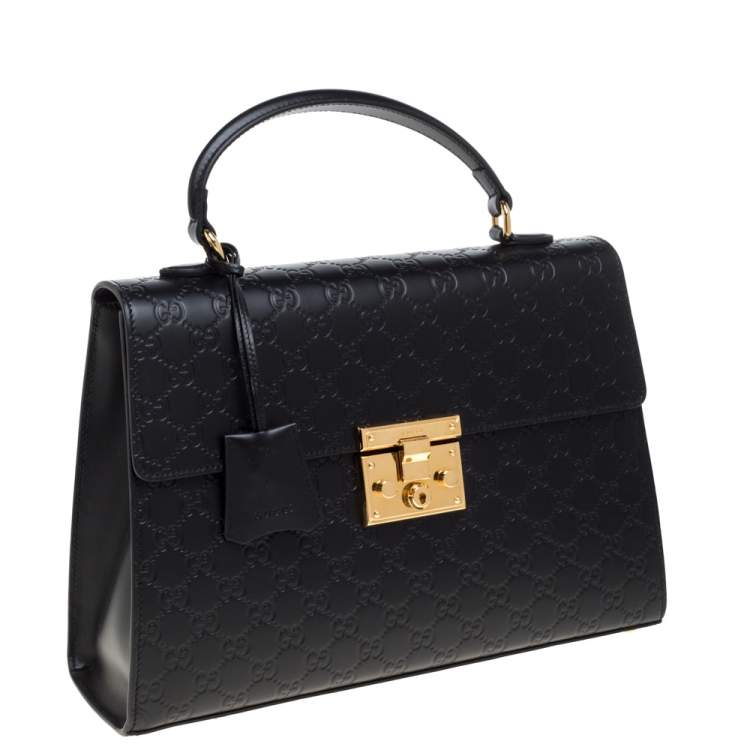 Pre Owned Gucci Black Guccissima Leather Medium Padlock Top Handle Bag