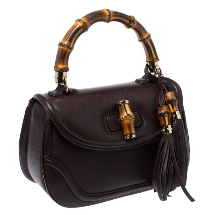 Pre Owned Gucci Dark Brown Leather Medium New Bamboo Top Handle Bag