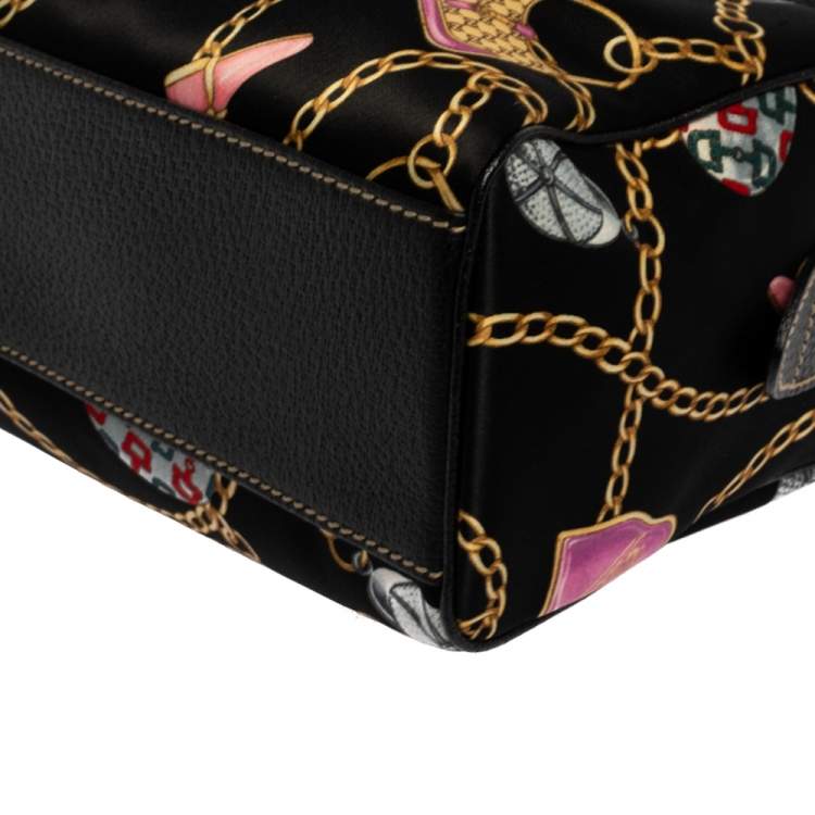 Pre Owned Gucci Black Printed SIlk/Satin and Leather Small Charmy Boston Bag