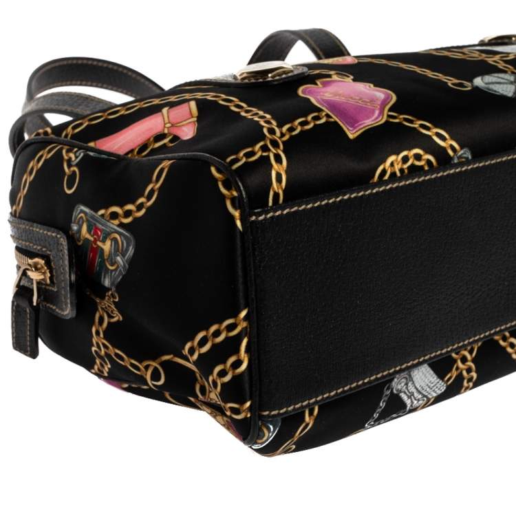 Pre Owned Gucci Black Printed SIlk/Satin and Leather Small Charmy Boston Bag