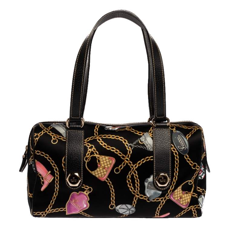 Gucci Black Printed SIlk Satin and Leather Small Charmy Boston Bag Gucci The Luxury Closet