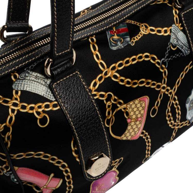 Pre Owned Gucci Black Printed SIlk/Satin and Leather Small Charmy Boston Bag