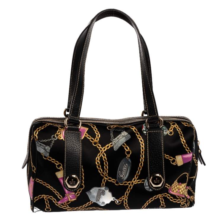 Pre Owned Gucci Black Printed SIlk/Satin and Leather Small Charmy Boston Bag