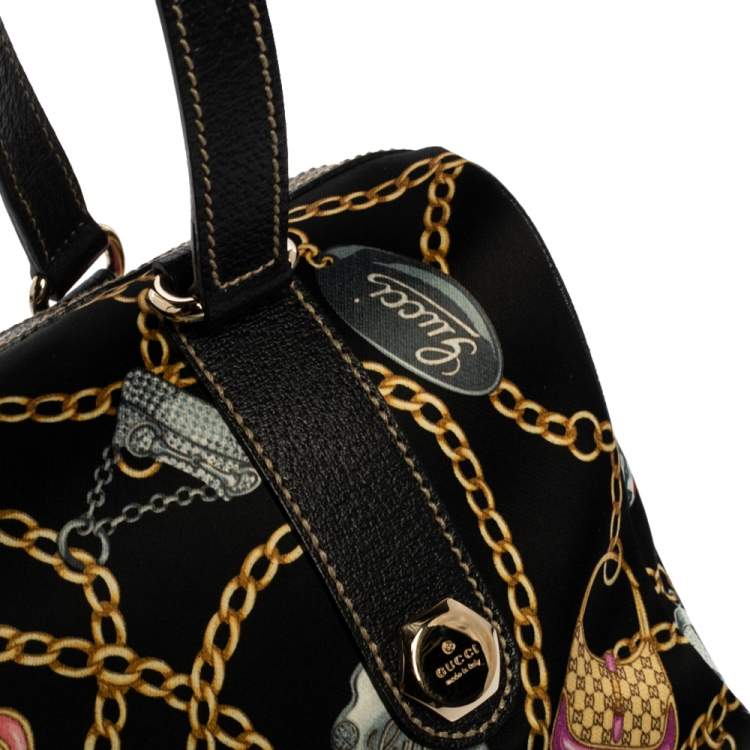 Pre Owned Gucci Black Printed SIlk/Satin and Leather Small Charmy Boston Bag