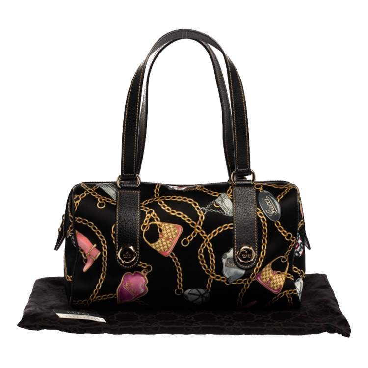 Pre Owned Gucci Black Printed SIlk/Satin and Leather Small Charmy Boston Bag