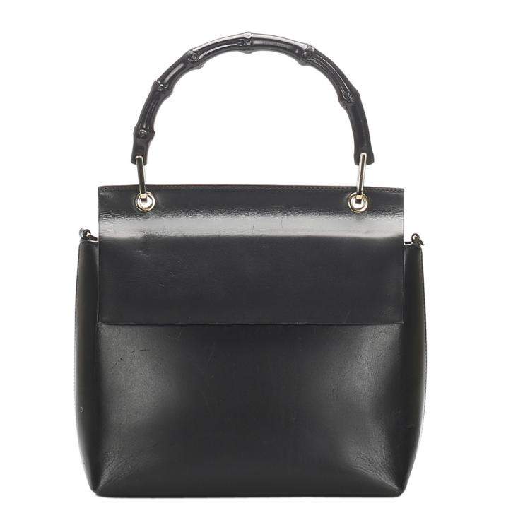 Pre Owned Gucci Black Calf Leather Bamboo Top Handle Bag
