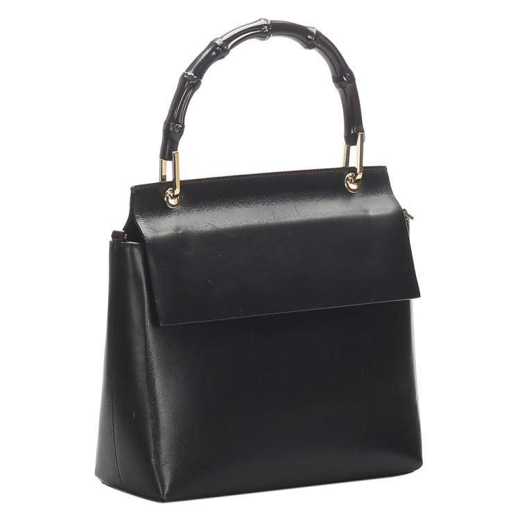 Pre Owned Gucci Black Calf Leather Bamboo Top Handle Bag