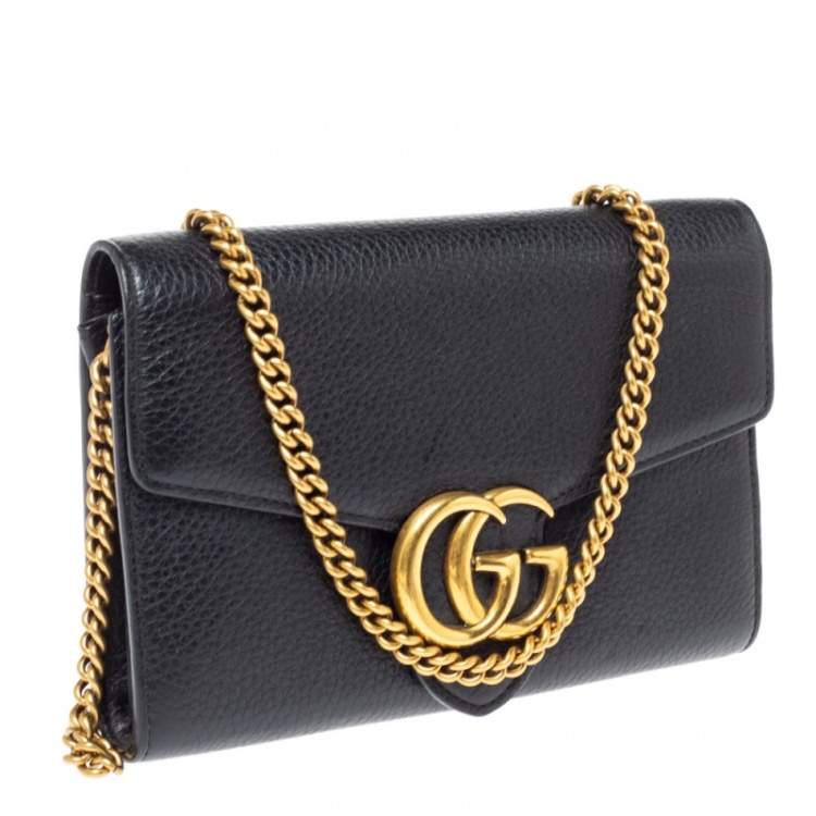 Pre Owned Gucci Black Leather GG Marmont Wallet on Chain