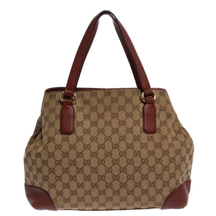 Pre Owned Gucci Beige/Red GG Canvas and Leather Medium Supreme Web Dressage Tote