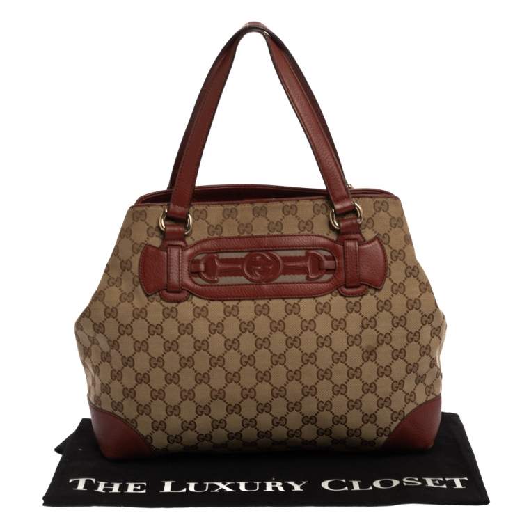 Pre Owned Gucci Beige/Red GG Canvas and Leather Medium Supreme Web Dressage Tote