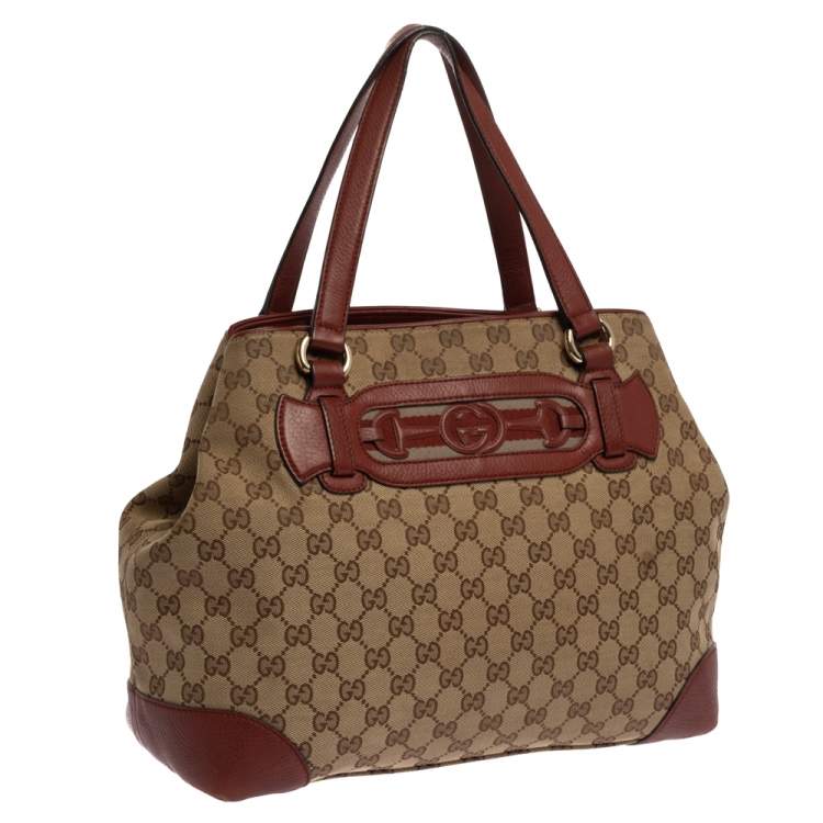 Pre Owned Gucci Beige/Red GG Canvas and Leather Medium Supreme Web Dressage Tote